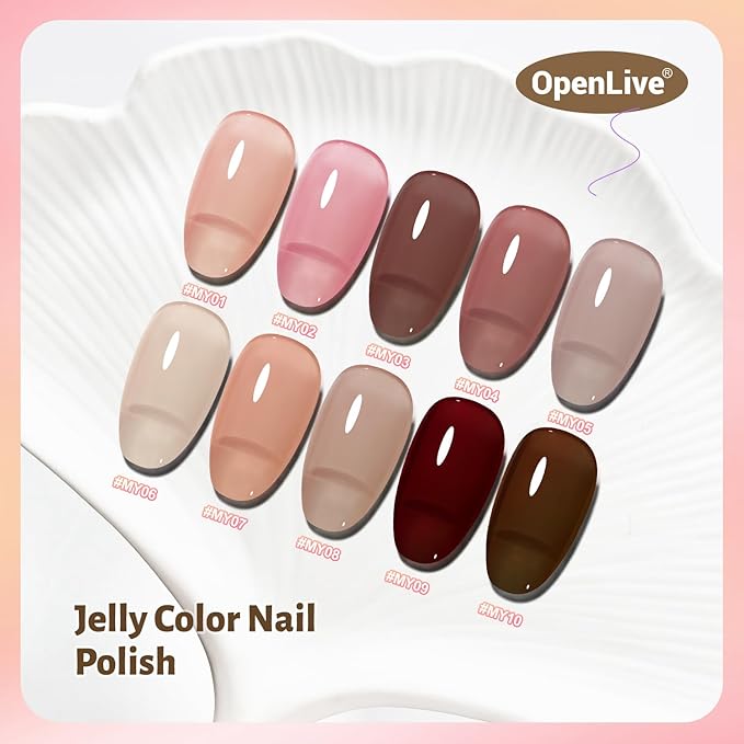 Jelly Nail Polish Set, 10 Color With 2PCS Base and Top Coat Quick Drying High Gloss Shine Jelly Nail Polish Translucent Amber Gray Red Nude Color Holiday Gift Giving