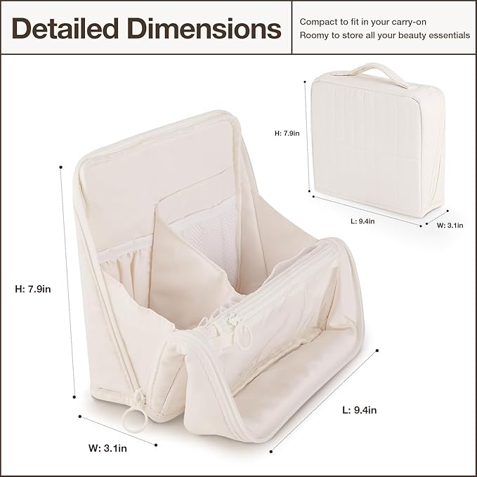 Abiudeng Standing Travel Makeup Bag Stand up Make up Bag Travel Toiletry Bag with Multiple Compartments Large Capacity for Women Business Trips Fitness and Daily Commutes (White)