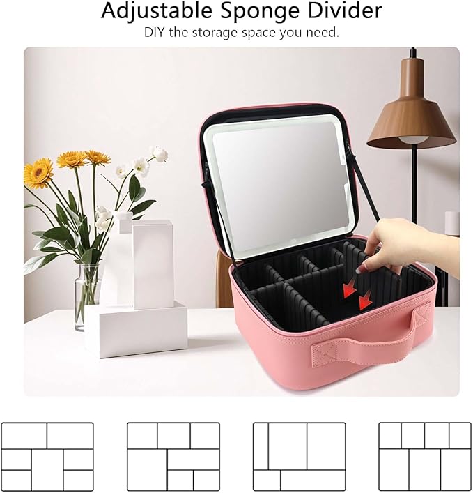 Travel Makeup Bag with LED Mirror Travel Makeup Organizer with 3 Lighted Settings, Adjustable Dividers and Makeup Brush Storage Bag Pink