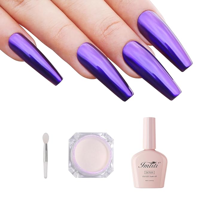Imtiti Chrome Nail Powder with Black Gel Nail Polish Kit, 1g Dark Purple Aurora Meatllic Mirror Effect Powder and 10ML Black Gel Polish Shimmer Nail for UV Nails Art DIY Kit