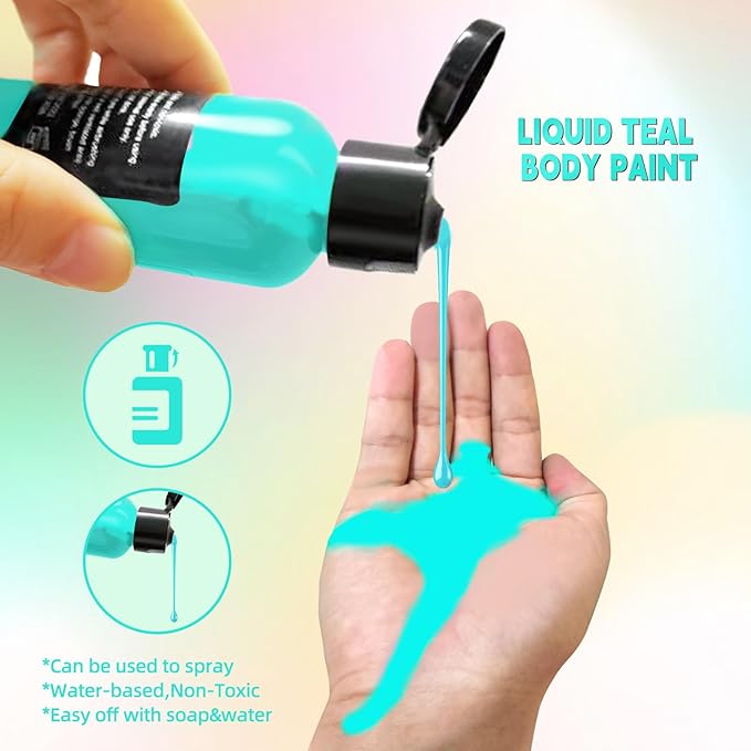 Go Ho Teal Face Body Paint(2.1 oz),Teal Makeup Water Based Face Paint and Body Paint for Airbrush Makeup Special FX, Cosplay, and Halloween Make up