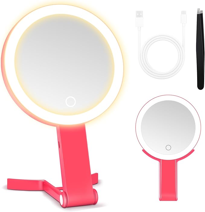 MIYADIVA Magnifying Mirror with Light, Double Sided 30X/1X Lighted Travel Makeup Mirror with Magnification, 3 Color Lighting, Dimmable Touch Screen, Adjustable & Foldable Hand Mirror (Pink)