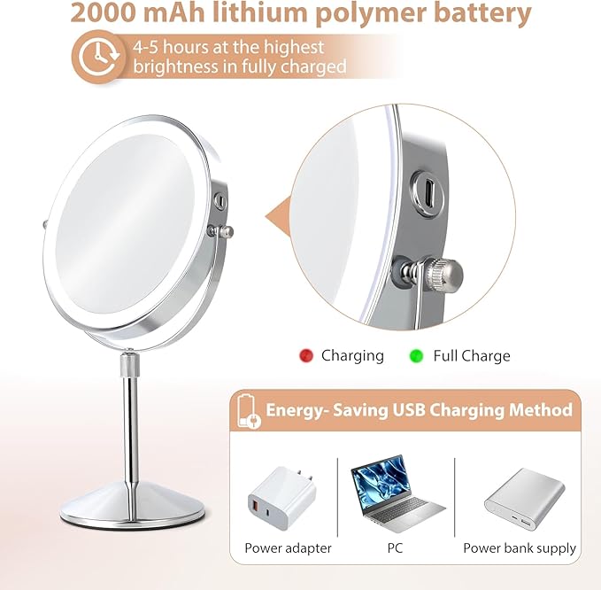 8" Lighted Makeup Mirror with Adjustable Height, 1X/10X Magnification, Rechargeable LED Vanity Mirror with 3 Color Modes, 360° Rotating Touch Screen, Magnifying Tabletop Cosmetic Mirror