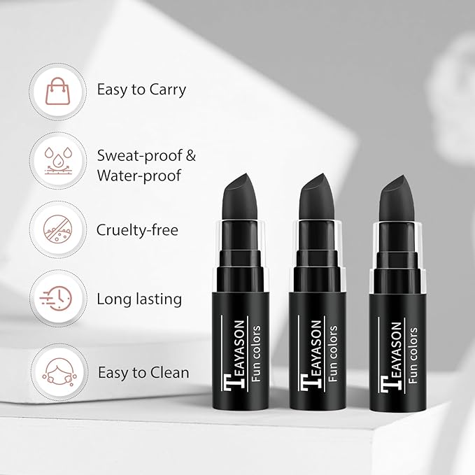 3PCS Eye Black Stick Face Body Paint Stick, Matte Black Lipstick, Long Lasting Waterproof Face Makeup for Halloween Zombie Clown Vampire Skeleton Skull Joker Cosplay Makeup Football Baseball Sport