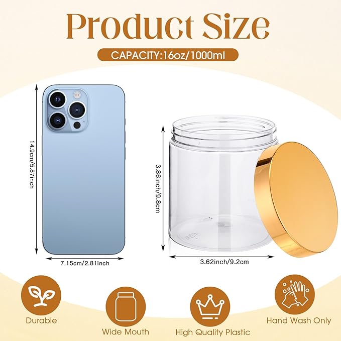 Patelai 4 Pieces Round Wide-mouth Leak Proof Plastic Container Jars with Lids for Travel Storage Makeup Beauty Products Face Creams Oils Salves Ointments DIY Making(16 Ounce,Gold)