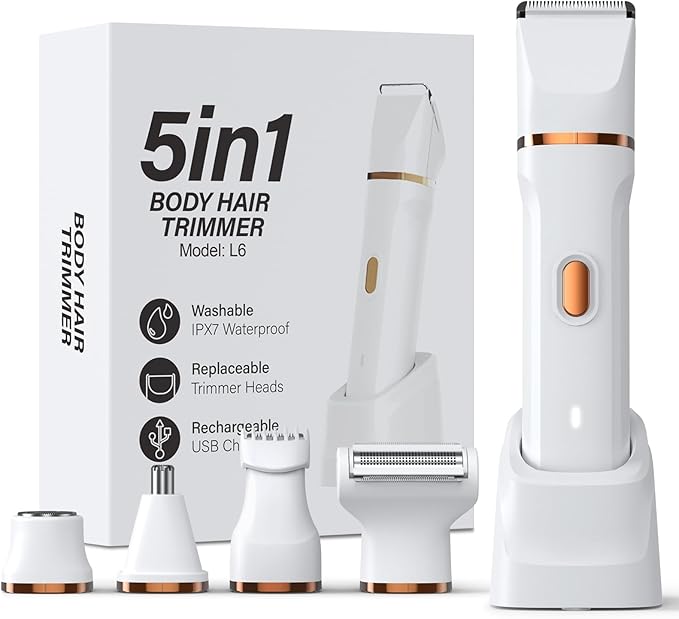 5-in-1 Bikini Trimmer for Women, IPX7 Waterproof Electric Razors Shaver, Cordless Body Hair Trimmer, Facial & Pubic Hair Removal, Ceramic Blade (White)