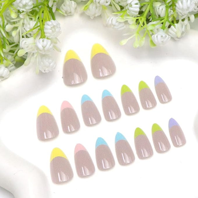 Short Press on Nails Almond Colorful French Tips Fake Nails with French Designs Glossy Glue on Nails Press ons Cute Acrylic Nail Pink Full Cover Artificial Stick on Nails for Women 24 Pcs