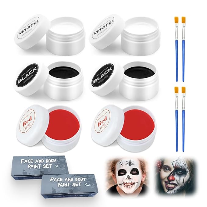 Goth White Foundation Black Red Face Body Paint, 2025 Halloween Decorations Makeup for Body Face, 50ML Halloween Decor Painting Makeup Kit with Brushes for Skeleton Ghost (White*2 + Black*2+Red *2)