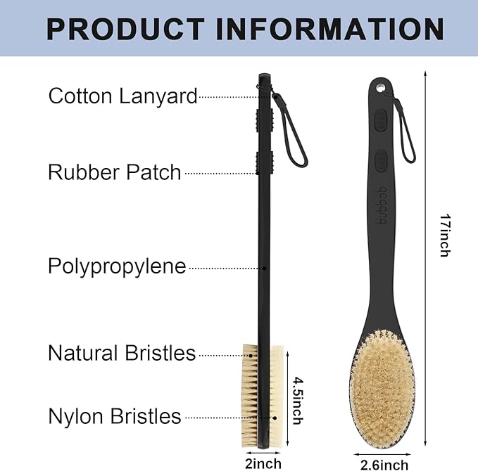 Back Scrubber, Back Scrubber for Shower, Bath Brush Long Handle for Shower with Double Sided Bristles for Wet or Dry Brushing (Black)