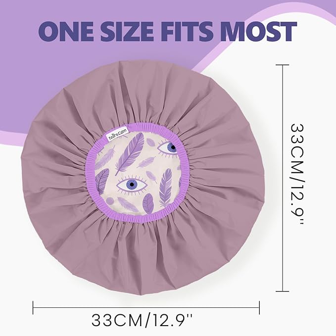 Years Calm Evil Eye Shower Caps for Women Reusable Waterproof, Pattern and Solid Color Dual-Layer Design, Hair Cap for Shower with Elastic Band, Fits Braids, Dreadlocks & Long Hair (Purple)