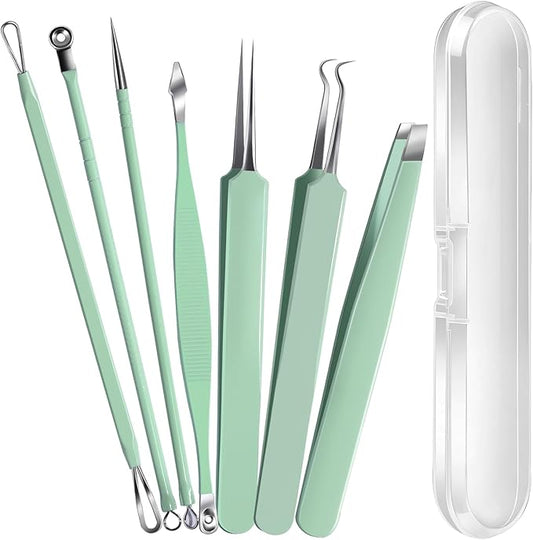 Teenitor 7 Pcs Surgical Grade Blackhead Remover Tools and Pimple Popper Tool Kit, Ingrown Hair Tweezers, Blackhead Tweezers, Precision Tweezers, Pimple Extractor, Light Green