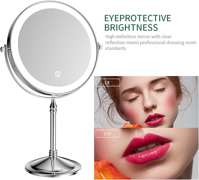 Nicesail Desk Mirror with Light 1X/10X Magnifying with 3 Color Dimmable Lights Desk Mirror, Cordless 360 Rotation 4000mAh Rechargeable, Double Sided Mirror for Desk, 8 Inch Standing Chrome Finish