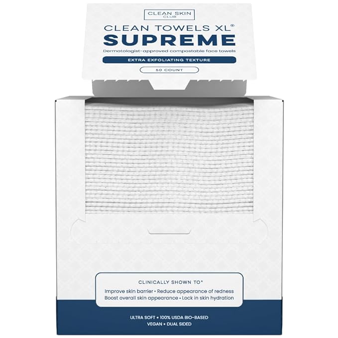 Clean Skin Club Clean Towels XL® Supreme, 100% USDA Biobased Face Towel, Disposable Face Towelette, Eczema Association Accepted, Makeup Remover Dry Wipes, Ultra Soft, 1 Pack, 50 Ct