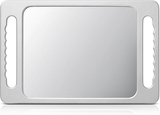 TASALON Unbreakable Hand Mirror with Double Handle- Large Handheld Barber Mirror for Hair and beauty Salon - Durable Hand Held Mirrors for barbershop - Haircut Mirror with Double Handgrip- Silver Gray
