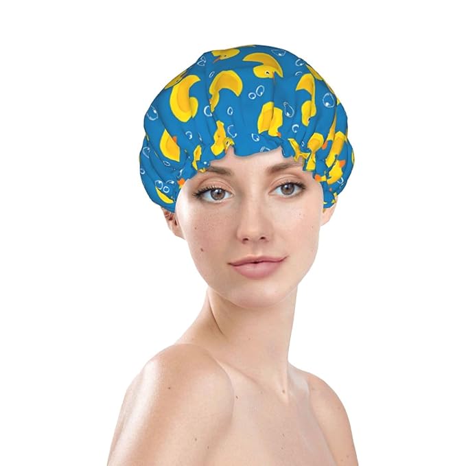 Rubber Ducks Shower Cap For Women Reusable Waterproof Double Layers Bath Cap Hair Protection Elastic Ladies Spa Salon Shower Hat
