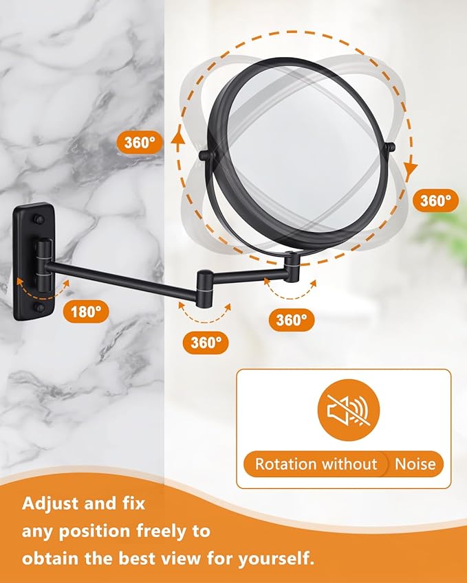 Wall Mounted Makeup Mirror - 1X/10X Magnifying Mirror for Wall, 8 Inch Double Sided 360° Swivel Extendable Bathroom Mirror for Shaving, Black