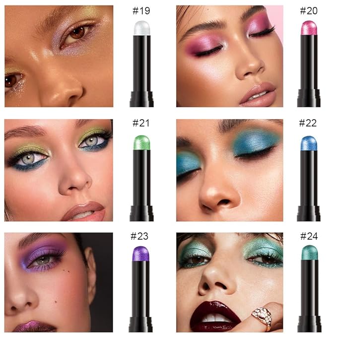 6Pcs Cream Eye Shadow Sticks Makeup for Women, Transparent Pink Hot Pink Yellow Green Dazzling Blue Purple Cyan Green Shimmer Matte Eye Shadow Brightener Stick for Eyes, Waterproof Eyeshadow Pencil 04