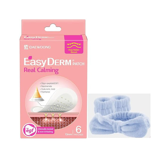 Easyderm Real Calming Patch with Hair Band – 6 Spot Patches, K-Beauty Skincare with Niacinamide, Hyaluronic Acid, EGF
