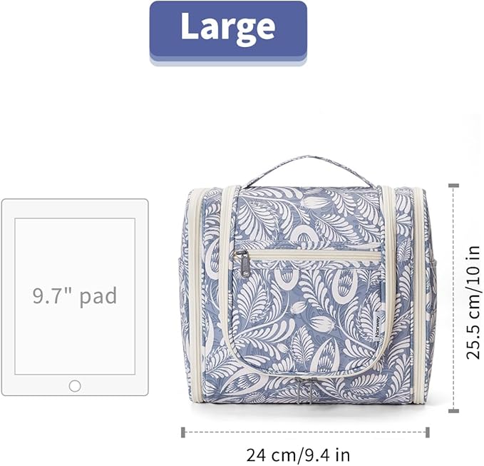 Narwey Hanging Toiletry Bag for Women Travel Makeup Bag Organizer Toiletries Bag Men for Cosmetics Essentials Accessories(Large, Blue Leaf)