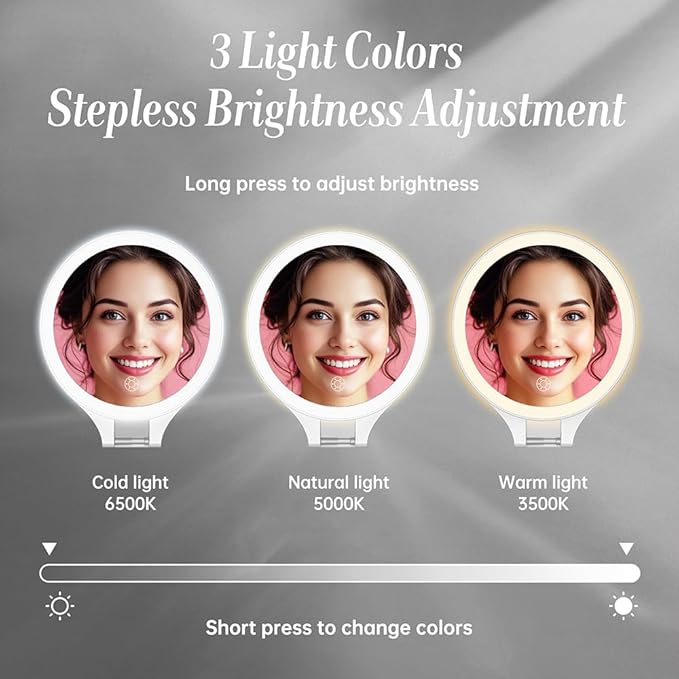 Luxspire Magnifying Mirror with Light, 10X / 1X Double Sided Makeup Mirror, Portable Travel Makeup Mirror with 3 Color Lights and Magnification, Foldable Handheld Lighted Mirror, White