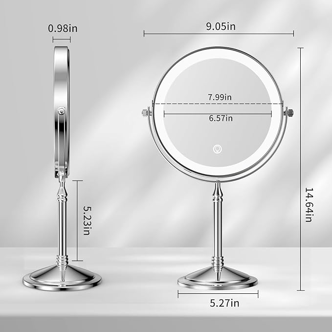 Nicesail Desk Mirror with Light 1X/10X Magnifying with 3 Color Dimmable Lights Desk Mirror, Cordless 360 Rotation 4000mAh Rechargeable, Double Sided Mirror for Desk, 8 Inch Standing Chrome Finish