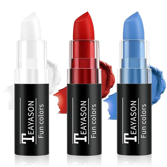 Red Blue White Face Paint Halloween Makeup Kit, Matte Lipstick Set Eye Black Stick, Usa Themed Accessories Flag Color, Body Paint Face Makeup for Halloween Clown Joker