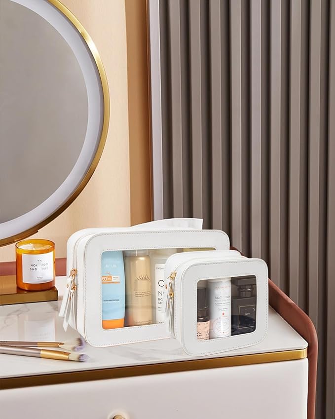 2 Pcs Travel Clear Makeup Bag Set, Clear White Makeup Organizer with Zipper Leather Travel Bags for Toiletries Small Cosmetic Bags for Women Mini Make up Pouch Toiletry Bags Car Essentials