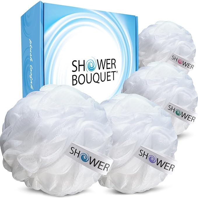 SHOWER BOUQUET Loofah Soft-White-Cloud XL Bath-Sponge 4-Pack // Extra Large 75g Mesh Loofa Lufa Pouf Set for Men and Women - Exfoliate with Big Gentle Cleanse Scrubber in Beauty Bathing Accessories