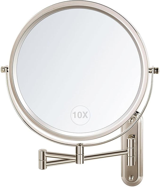 Wall Mounted Makeup Mirror, 10x Magnifying Mirror for Wall,8.5 Inch Makeup Mirror with 3 Color Double Sided 360° Swivel Extendable Bathroom Mirror, Shaving Mirror, Brushed Nickel-No Lights