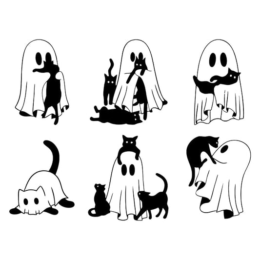 Ghost & Black Cat Temporary Tattoos – 6 Cute & Playful Designs, Fun Ghost and Cat Art, Realistic & Long-Lasting for Adults