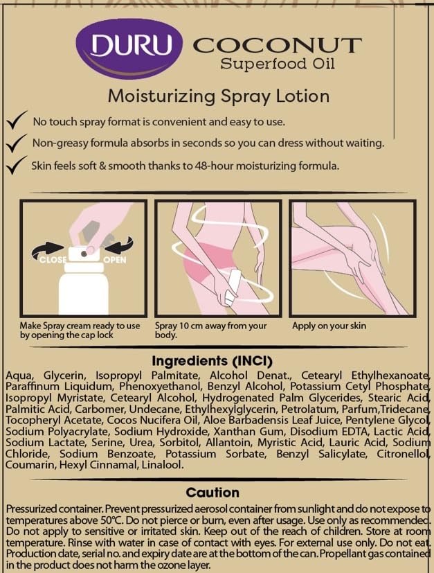 Duru Coconut Oil Moisturizing Spray Body Lotion Pack of 6 - Spray Moisturizer for Body Coconut Oil Lotion for Dry Skin Repair 48 Hour After Sun Moisturizer Coconut Oil Spray for Skin Body
