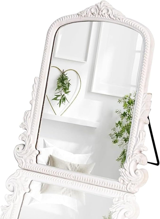 11.8" x 9.6" Small White Arched Vanity Mirror, Vintage Makeup Mirror Baroque Style Arendahl Carved Mirror with Frame for Desk Decorative Table Aesthetic for Dresser,Bedroom,Living-Room