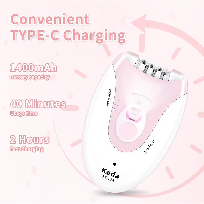 Epilator for Women - 2 Speeds Smooth Skin Face Epilators with LED - Long-Lasting Cordless Electric Tweezers Hair Remover for Armpit/Leg/Bikini Area/Arm/Facial Epilator Hair Removal for Women
