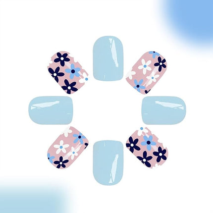 Short Fake Nails Square Press Ons Full Cover False Nails with Light Blue Flower Designs Acrylic Press Ons Artificial Glossy Stick Ons Reusable Glue Ons for Women 24 Pcs