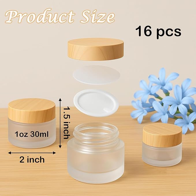 16Pcs Glass Cosmetic Container with Lid, 1 oz Frosted Glass Bottle, Reusable Empty Cosmetic Container Bottle for Lotion, Cream, Essential Oil, Scrub (30 Gram/30ml)