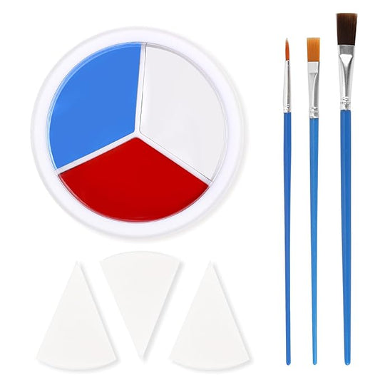 3 Colors Face Body Paint + 3pcs Sponge + 3pcs Brush, 【Full Coverage】【Skin Friendly】【Long Lasting】, Professional Paint Makeup Product For Halloween/Masquerade/Cosplay/Movie Makeup, Red+White+Blue