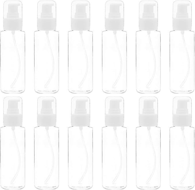 TrendBox 12 Pack Plastic Empty Bottles with Duckbill Pump Cap for Shampoo, Lotions, Liquid Body Soap, Cream (1 oz / 30 ml)