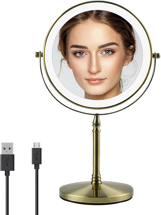 Nicesail Makeup Mirror with Light, Magnifying Mirror with 3 Color Lighting Adjustable Brightness, 360 Rotation Double Sided for Table, Antique Bronze (8 Inch, 7X Magnification)