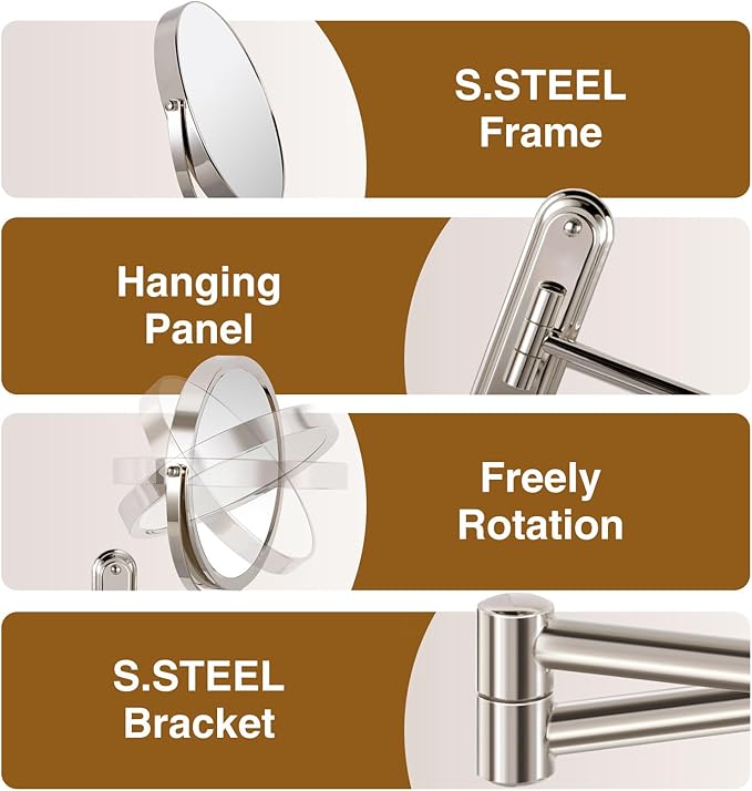 Wall Mounted Makeup Mirror - 1X/30X Magnifying Makeup Mirror with Extended Arm 360°Swivel Vanity Mirror, 8.5in Double Sided Mirror for Bathroom, No Lights