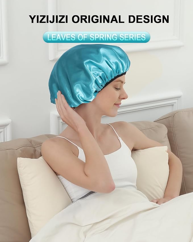 YIZIJIZI Triple Layer Reusable Waterproof Shower Cap for Women Large Terry Lined Hair Cap for Long Thick Hair Travel Bath Care Light Blue