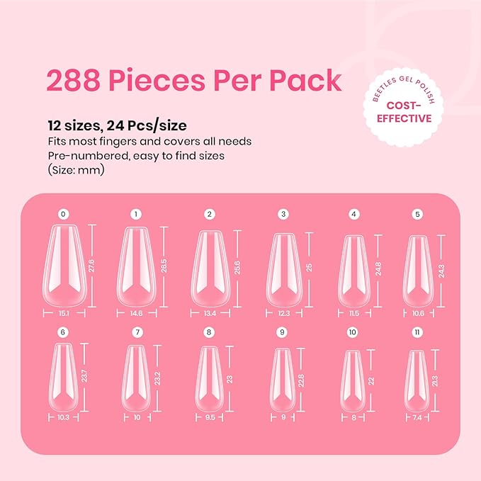 Beetles Gel Nail Tips Easy Nail Extension Pre-shaped Medium Coffin Nail Tips 12 Sizes 288Pcs Gelly Tips Clear Press on Nail Tips Full Cover False Nails Gifts for Girls Women