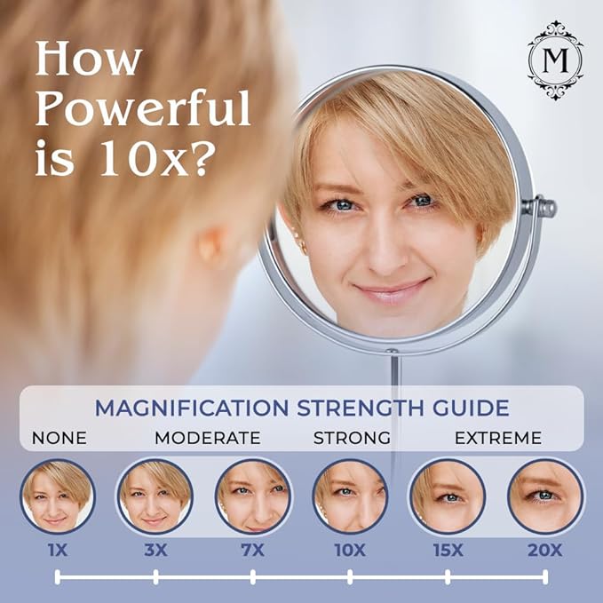 10X Magnifying Makeup Mirror on Round Stand for Tabletop, Bedroom Vanity Desk and Bathroom Counter - Free Standing Double Sided 10X/1X Magnification Mirror - 7" Wide and 14" Tall (Chrome)