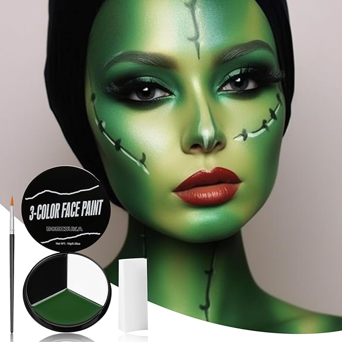 BOBISUKA White Black Green Face Paint + 3PC Sponge + Brush Body Paint Set, Colored Eye Black for Baseball Softball Sport Games, Zombie, Monster Face Painting Kit for Halloween, Cosplay, Costume, SFX Special Effect and Theme Parties