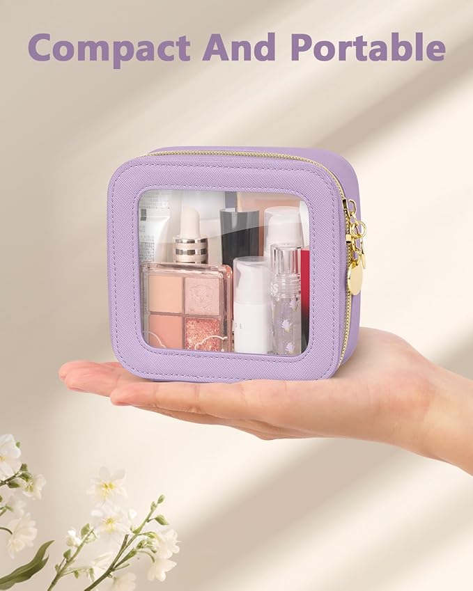 Mini Makeup Bag, Small Makeup Bag for Purse, Waterproof Clear Makeup bag, Leather Cosmetic Bag, Square Make Up Bag Pouch, Toiletry Bag for Travel, Car and Women, Purple
