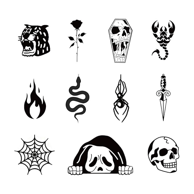 Dark Gothic Temporary Tattoos – 12 Creepy Spider, Skull, Snake, Scorpion, Rose & Dagger Designs, Waterproof Halloween, Horror & Cosplay Hand, Finger & Arm Sleeve Stickers, Long-Lasting 2 Weeks