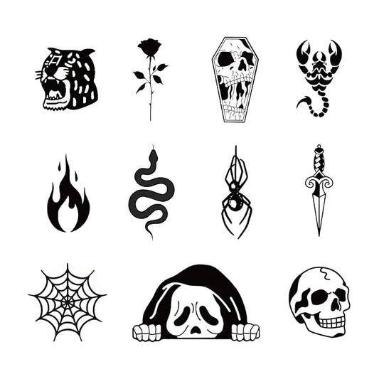 Dark Gothic Temporary Tattoos – 12 Creepy Spider, Skull, Snake, Scorpion, Rose & Dagger Designs, Waterproof Halloween, Horror & Cosplay Hand, Finger & Arm Sleeve Stickers, Long-Lasting 2 Weeks