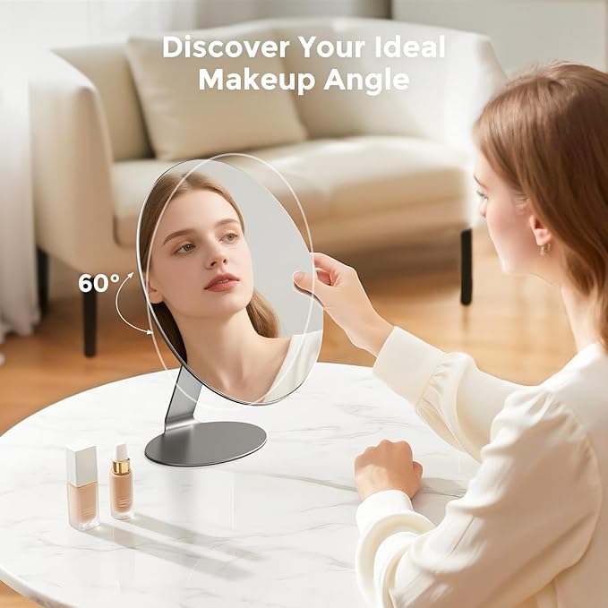 Oval Makeup Mirror for Desk, 12 Inch Frameless Metal Standing Table Top Mirror, Adjustable Angle
