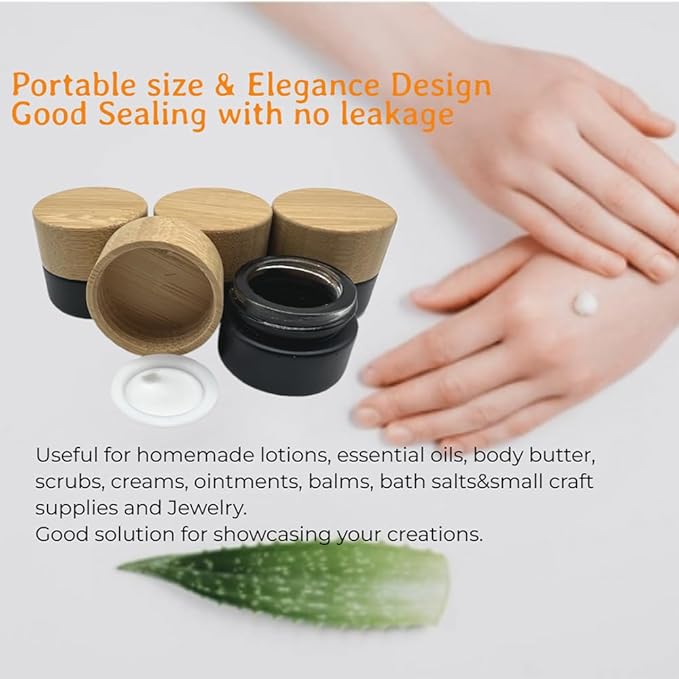 Empty Refillable Matt Black Glass Cosmetic Cream Jar 4 Pack 0.17 OZ/5g with Bamboo Lids,Skin Care Travel Frost Containers Pot for Eye Cream Lotion Ointments Lip Balm
