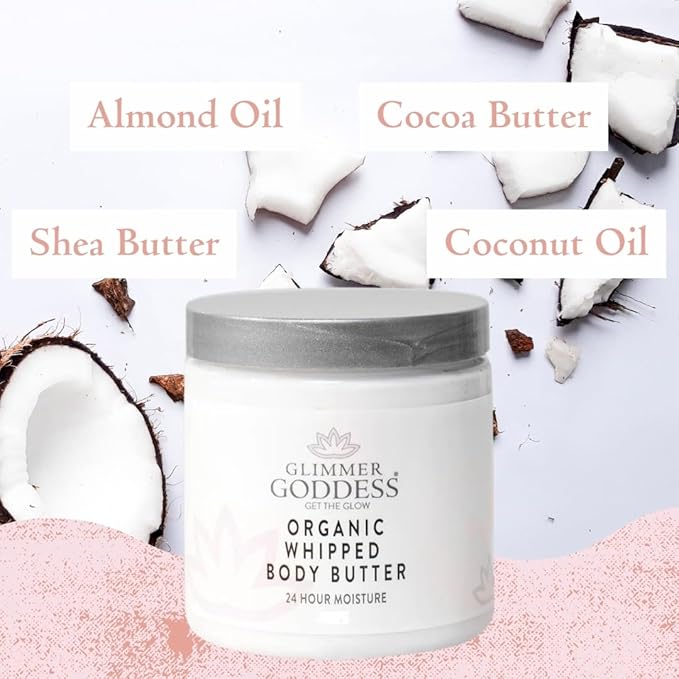 Glimmer Goddess Organic Whipped Body Butter for Women - Moisturizer Cream with Shea & Cocoa Butter, Almonds & Coconut Oil - Unscented, 8oz