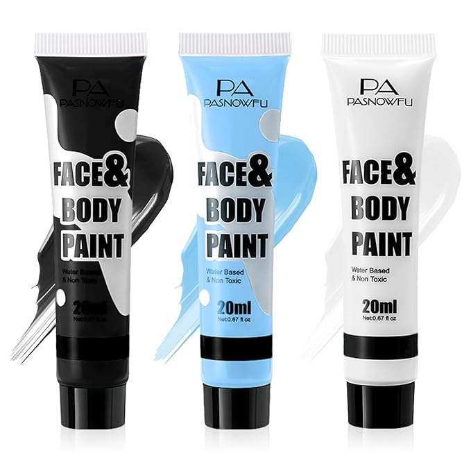 Black White Light Blue Face Paint - Water-Based Non-Toxic Face Body Paint Kit for Skeleton Ghost , Full Coverage Washable Formula for Halloween Cosplay ,Costume Parties, Stage Performances